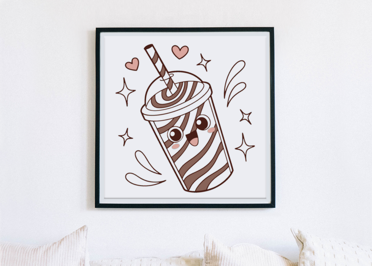 Cadre décoratif festif avec milkshake kawaii au style numérique rigolo