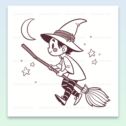 Illustration de sorcier volant sur un balai, idéale pour Halloween et projets créatifs.
