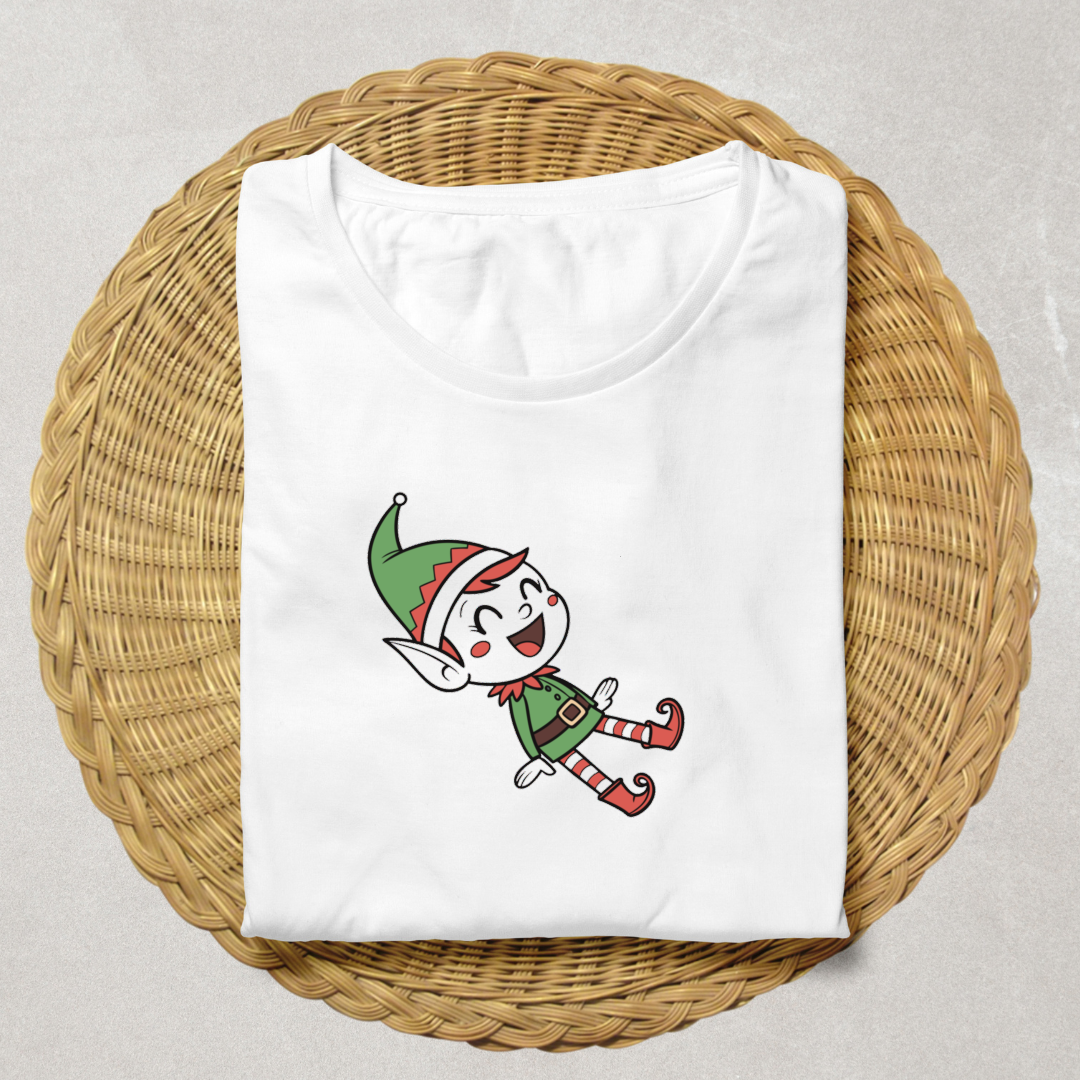 T-shirt festif avec lutin rieur en vert sur fond blanc pour célébrer Noël