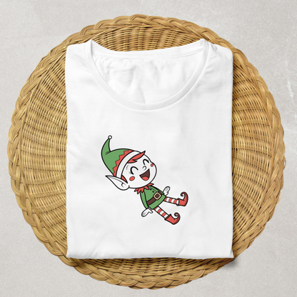 T-shirt festif avec lutin rieur en vert sur fond blanc pour célébrer Noël