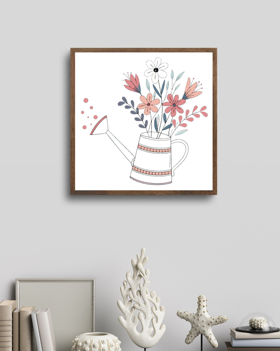 Cadre avec arrosoir fleuri, tons pastel, ambiance printanière accueillante
