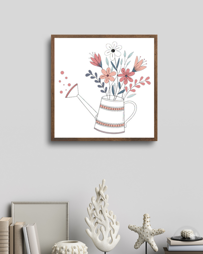 Cadre avec arrosoir fleuri, tons pastel, ambiance printanière accueillante