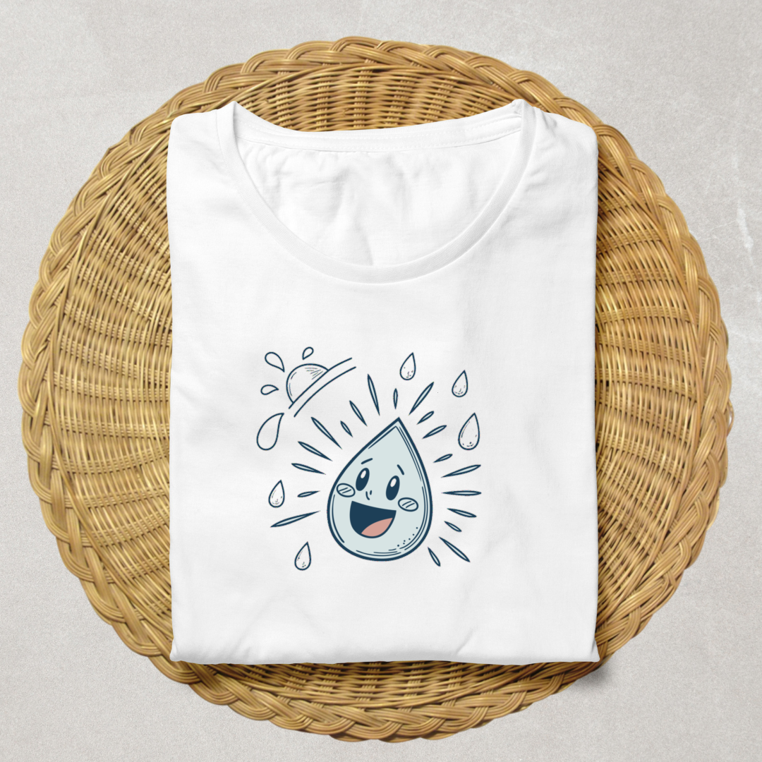 T-shirt avec motif naturel d'une goutte rieuse sous la pluie, design doodle amusant