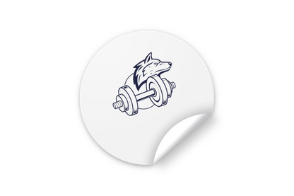Sticker avec icône de loup et haltère en design vectoriel dynamique