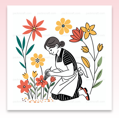 Illustration SVG de fleuriste préparant un bouquet parmi des fleurs colorées, Fleuriste en cadre créatif entouré de nature florale, Fleuriste sur t-shirt – Parfaite pour les enthousiastes du jardinage printanier, Sticker de fleuriste soignant des fleurs, idéal pour décoration, Motif de fleuriste sur mug, ajoutant une touche botanique à votre café