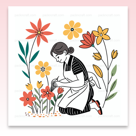 Illustration SVG de fleuriste préparant un bouquet parmi des fleurs colorées, Fleuriste en cadre créatif entouré de nature florale, Fleuriste sur t-shirt – Parfaite pour les enthousiastes du jardinage printanier, Sticker de fleuriste soignant des fleurs, idéal pour décoration, Motif de fleuriste sur mug, ajoutant une touche botanique à votre café