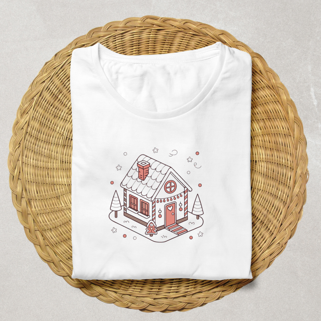T-shirt avec maison pain d'épice enchantée en pastel pour un Noël féerique