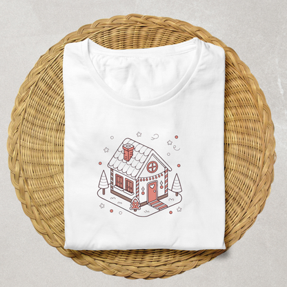 T-shirt avec maison pain d'épice enchantée en pastel pour un Noël féerique