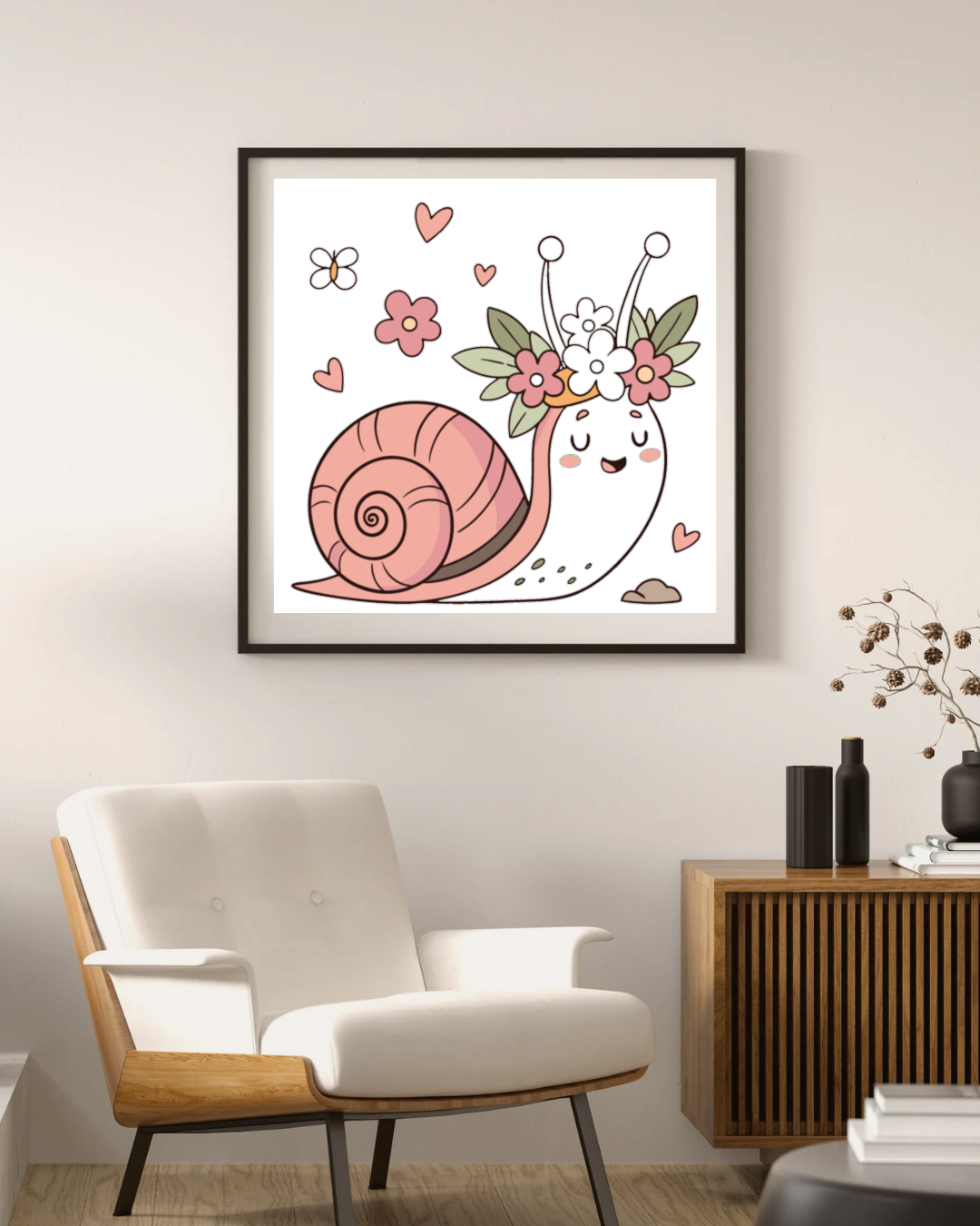 Cadre décoratif au style printanier avec un escargot fleuri aux couleurs pastel