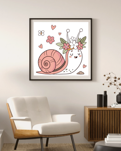 Cadre décoratif au style printanier avec un escargot fleuri aux couleurs pastel