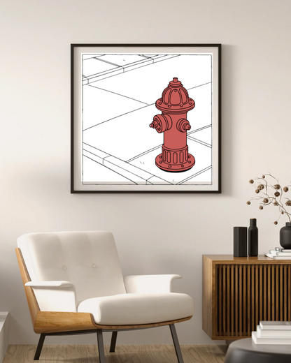 Illustration de borne d'incendie rétro sur trottoir, style urbain, Borne d'incendie rouge sur mug, art urbain pour café, Borne d'incendie rouge dessinée, fichier numérique, Borne d'incendie sur t-shirt, design rétro urbain, Sticker borne d'incendie rouge, déco vintage