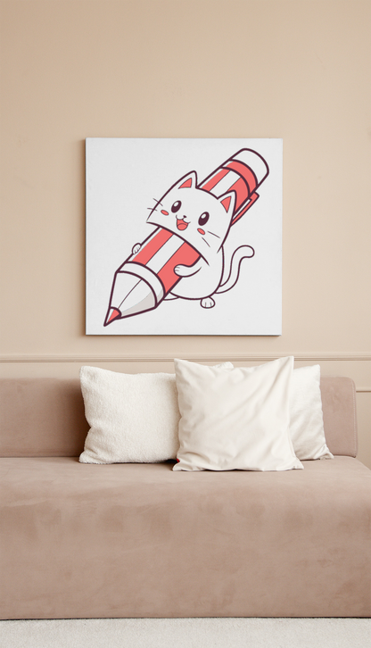 Cadre avec chat kawaii tenant un grand crayon dans une ambiance écolière, joyeux et coloré