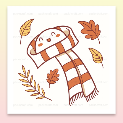 Illustration d'une écharpe souriante entourée de feuilles d'automne, vecteur SVG minimaliste.