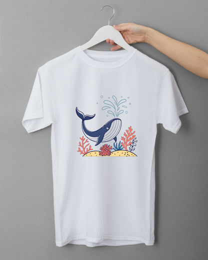 T-shirt avec motif coloré de baleine joyeuse sous l'océan sur fond bleu apaisant