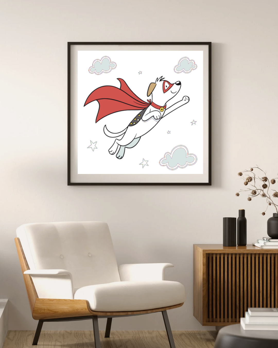 Cadre aventure avec chien super-héros volant dans un style cartoon coloré et ludique