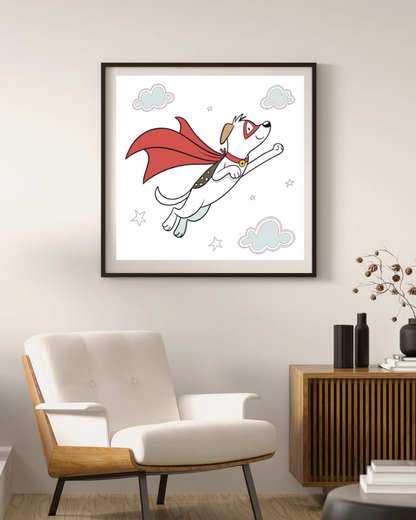 Cadre aventure avec chien super-héros volant dans un style cartoon coloré et ludique