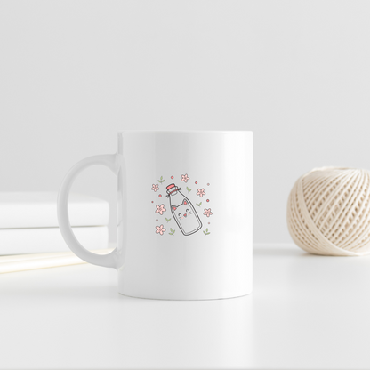 Mug avec chat kawaii en bouteille souriante entourée de fleurs de printemps