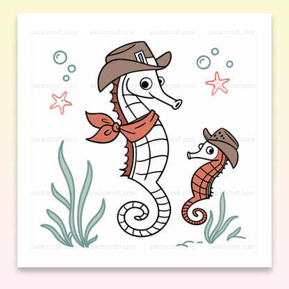 Illustration stylisée d'hippocampes en chapeaux de cowboy pour projets marins