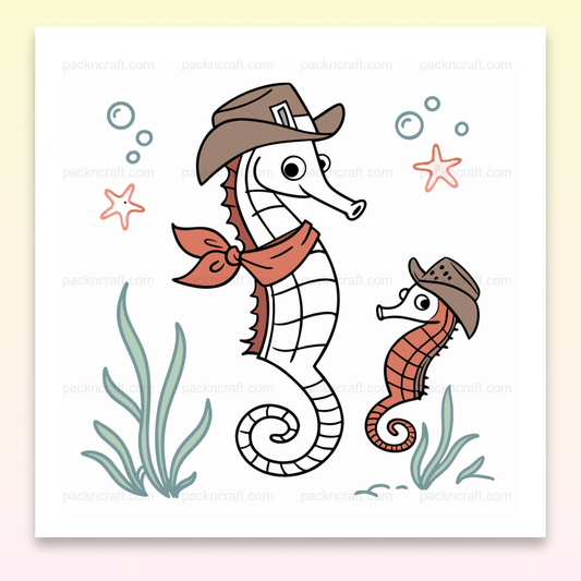 Illustration stylisée d'hippocampes en chapeaux de cowboy pour projets marins