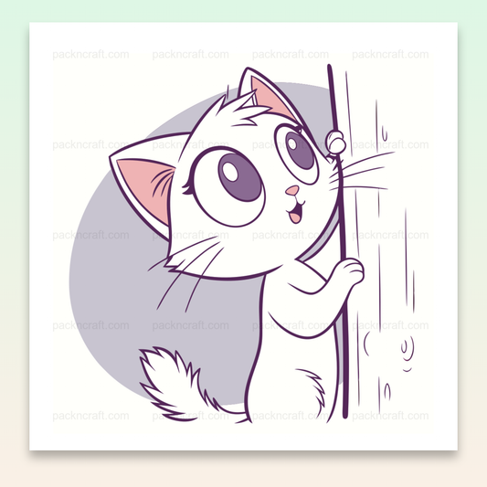 Illustration d'un chat espiègle grimpant dans une forêt magique. Utilisable en déco, papeterie, ou projets éducatifs.