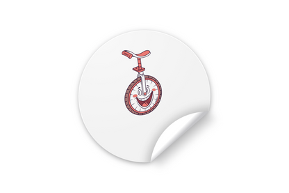 Sticker joyeux montrant un monocycle souriant style cartoon sur le thème aventure