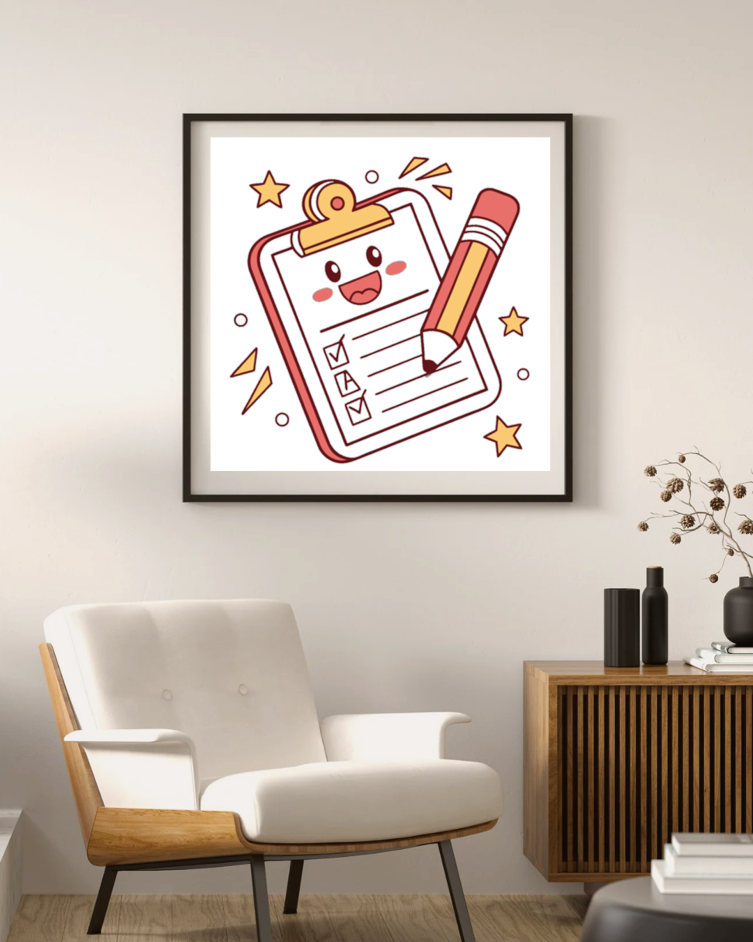 Cadre décoratif amusant avec dessin de crayons kawaii et éléments scolaires stylisés