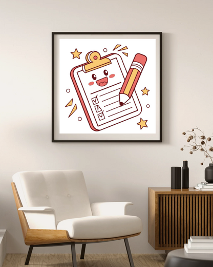 Cadre décoratif amusant avec dessin de crayons kawaii et éléments scolaires stylisés