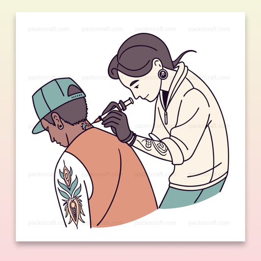 Illustration vectorielle d'un artiste tatoueur en pleine action, Design d'un artiste tatoueur pour mugs et accessoires, Motif d'artiste tatoueur sur t-shirt, Cadre décoratif avec illustration d'un artiste tatoueur, Sticker illustratif d'un artiste tatoueur concentré