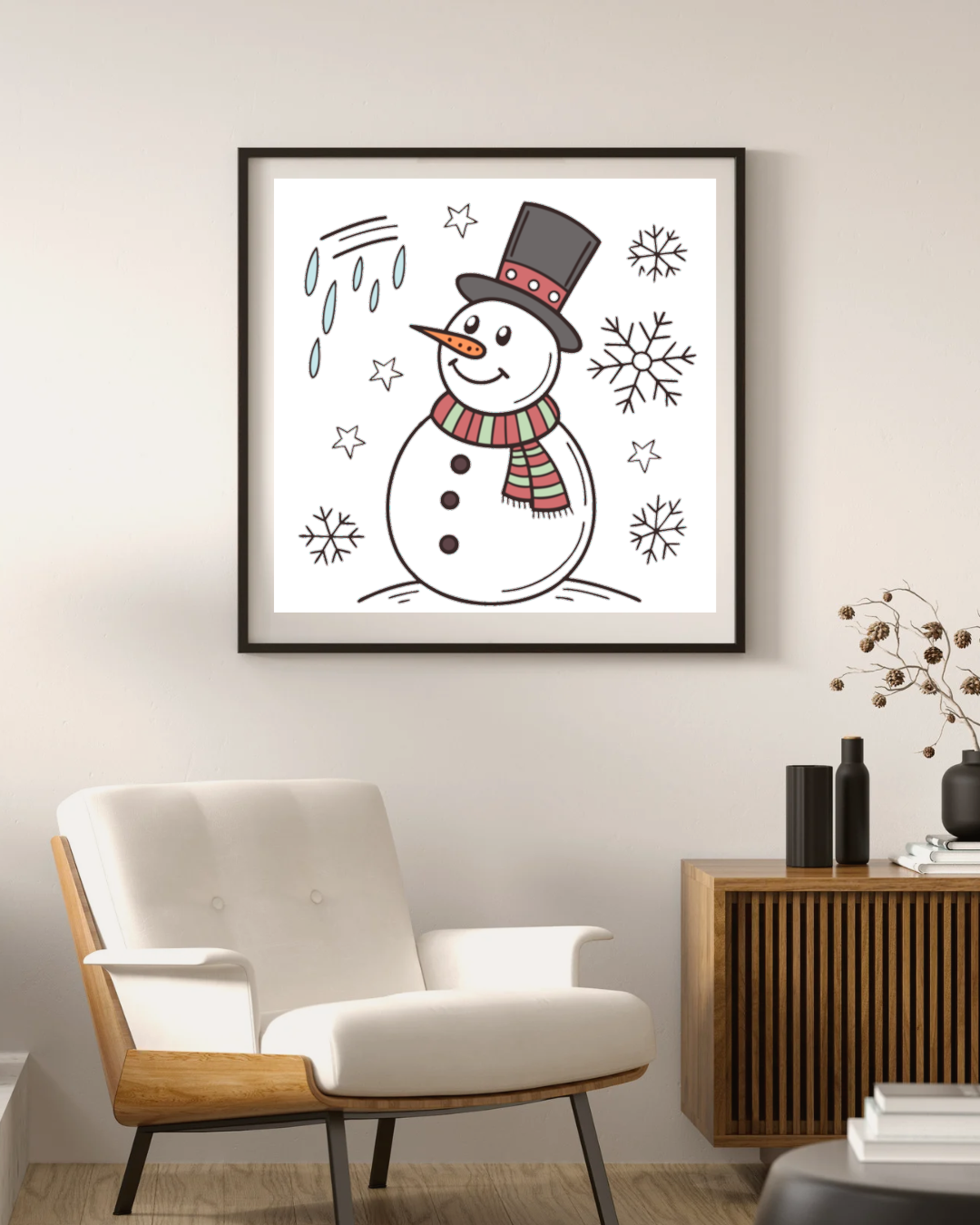 Cadre avec bonhomme de neige joyeux sur fond hivernal, ambiance festive et magique