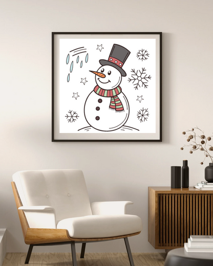 Cadre avec bonhomme de neige joyeux sur fond hivernal, ambiance festive et magique