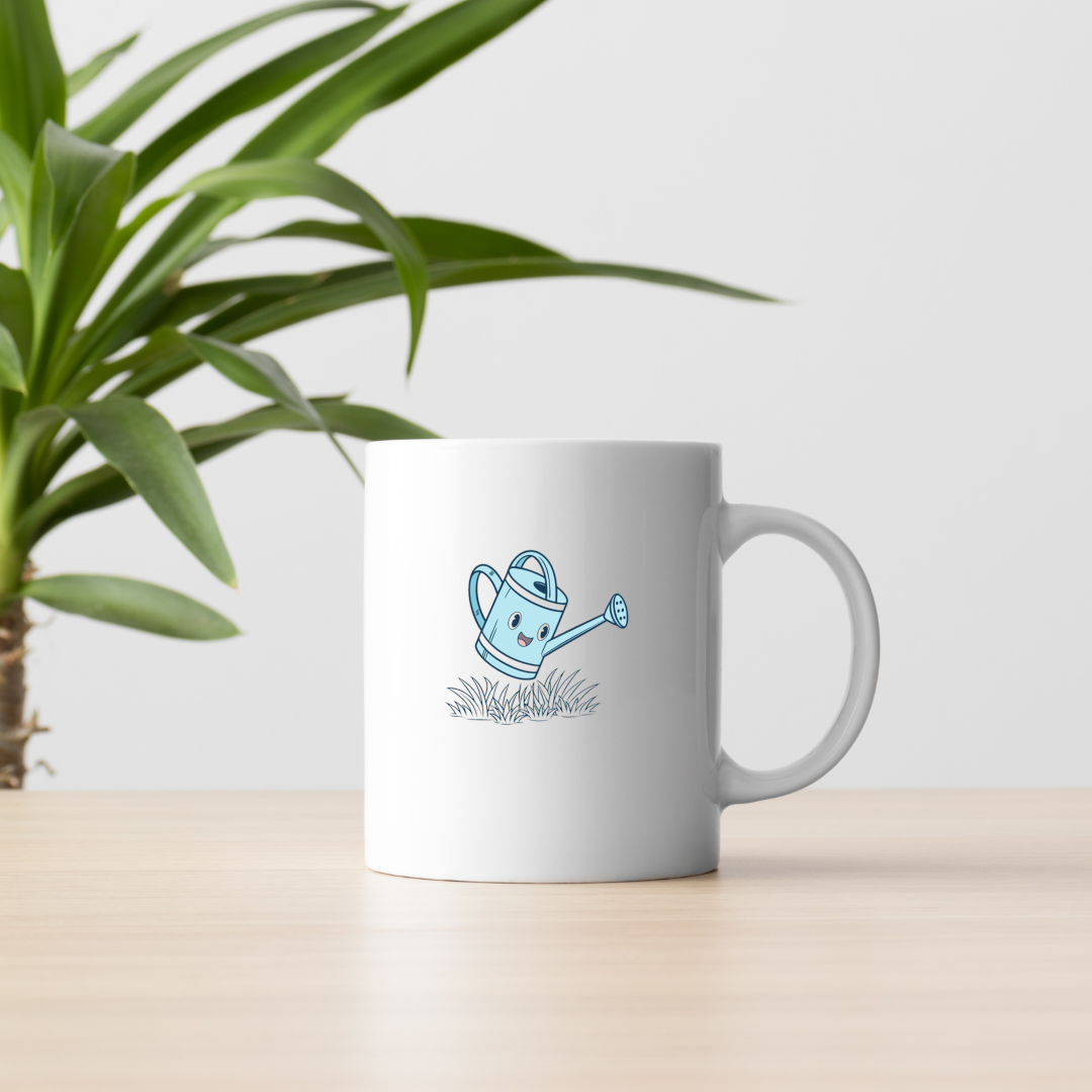 Mug avec arrosoir pastel joyeux sur fond printanier herbeux