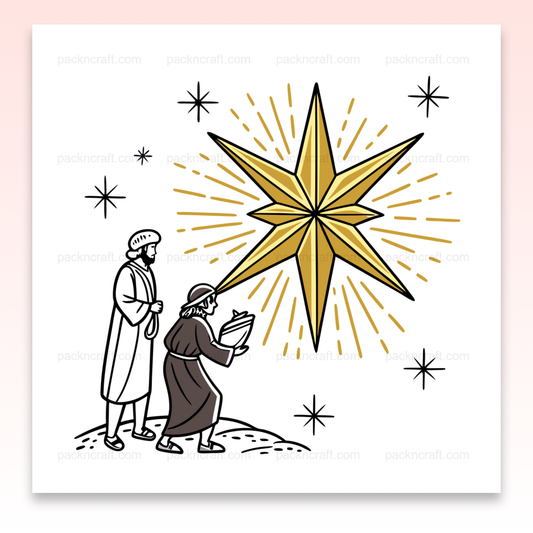 Illustration des mages suivant une étoile brillante, idéale pour Noël et projets créatifs.