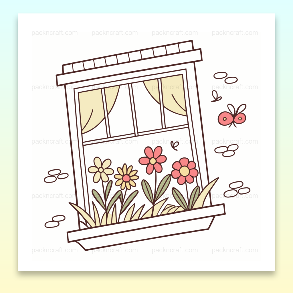 Illustration de fenêtre fleurie avec papillon, idéale pour projets printaniers et déco.