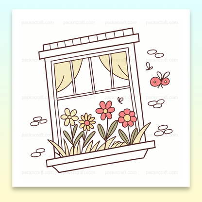 Illustration de fenêtre fleurie avec papillon, idéale pour projets printaniers et déco.