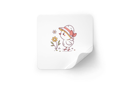 Sticker coloré avec poussin espiègle au chapeau en style doodle printanier
