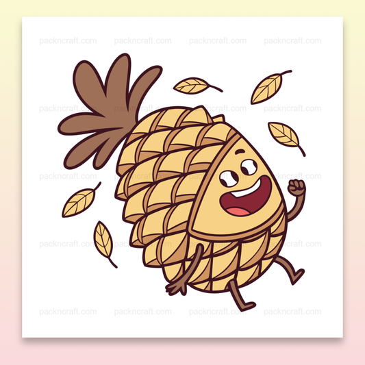 Illustration de pomme de pin joyeuse sautant, idéale pour projets créatifs automnaux.