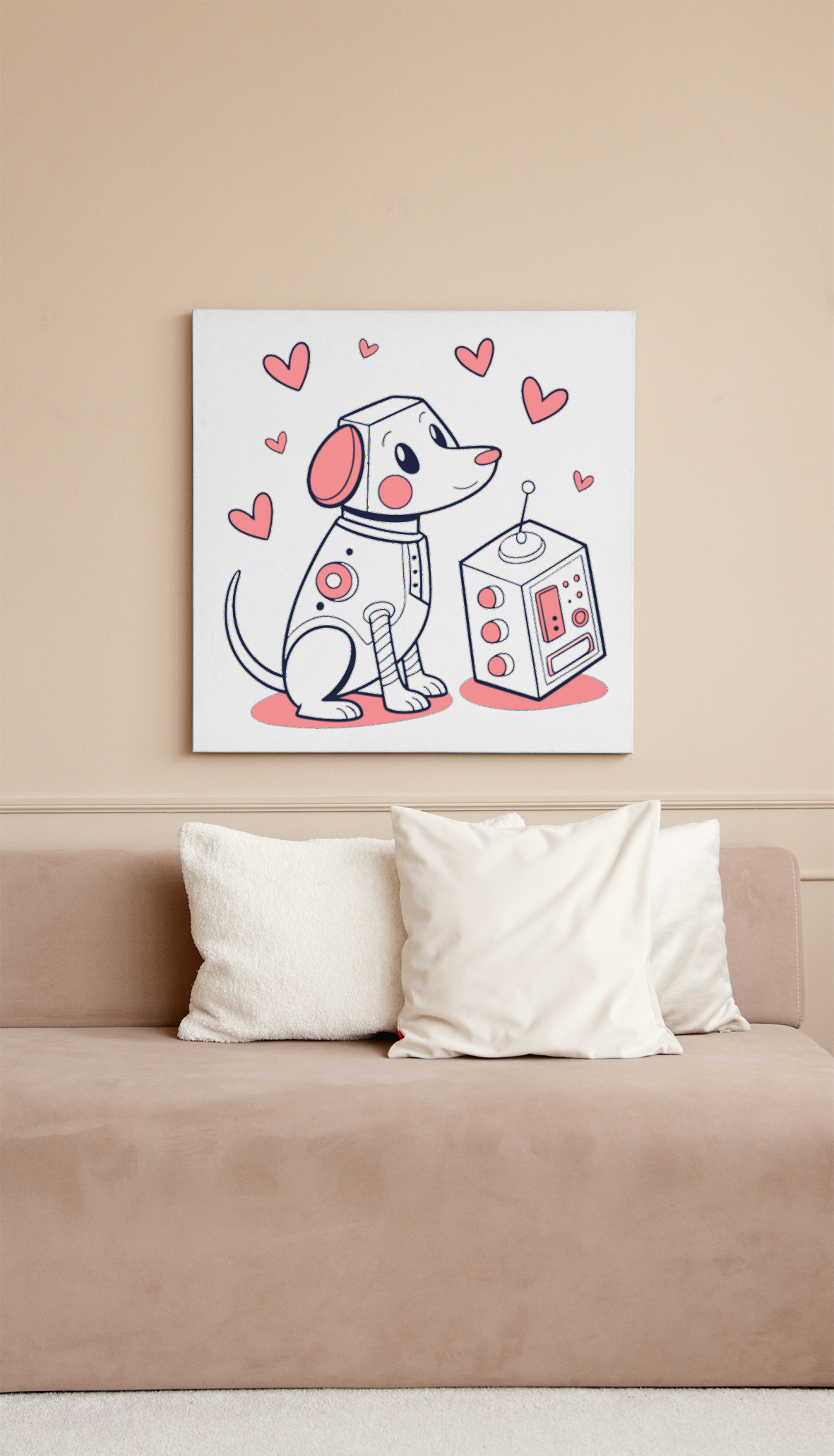 Cadre avec un charmant chien robot kawaii évoquant l'amitié et l'amour