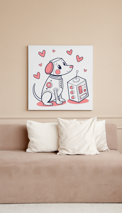 Cadre avec un charmant chien robot kawaii évoquant l'amitié et l'amour