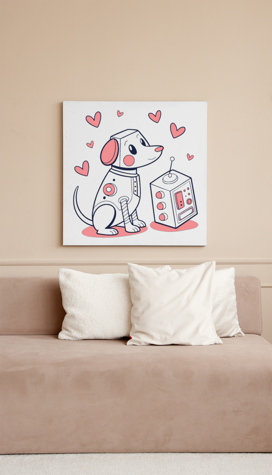 Cadre avec un charmant chien robot kawaii évoquant l'amitié et l'amour