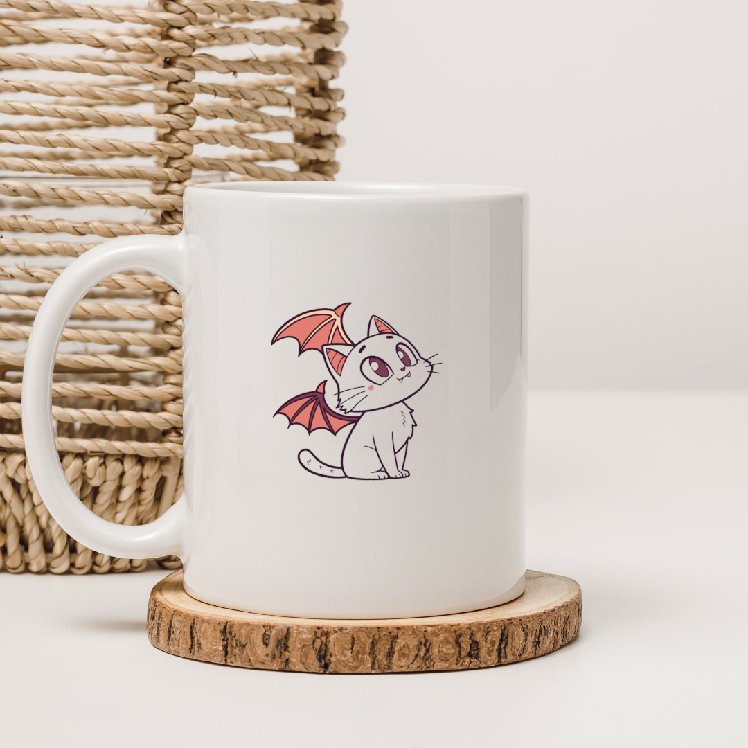 Mug avec chat ailé espiègle décoratif dans un style kawaii fantaisie