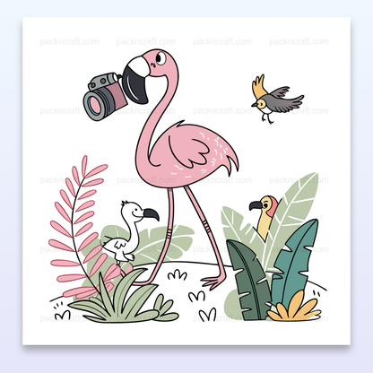 Illustration de flamant rose photographe en safari jungle, idéal pour projets créatifs et éducatifs.