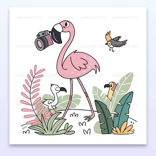 Illustration de flamant rose photographe en safari jungle, idéal pour projets créatifs et éducatifs.