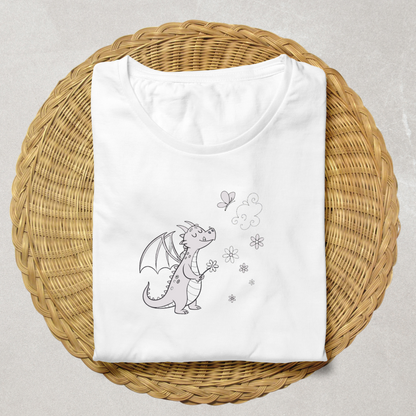 T-shirt orné d'un dragon rêveur et papillon, design paisible et enchanteur