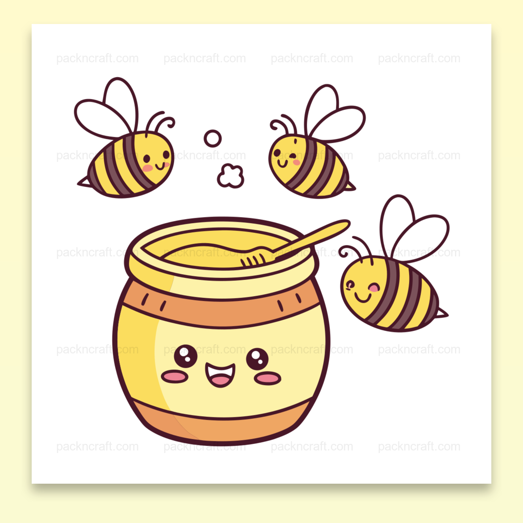 Illustration kawaii d'abeilles joyeuses autour d'un pot de miel, idéale pour DIY et papeterie