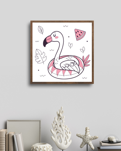 Cadre avec flamant rose joyeux sur bouée pastel pour un décor estival stylé