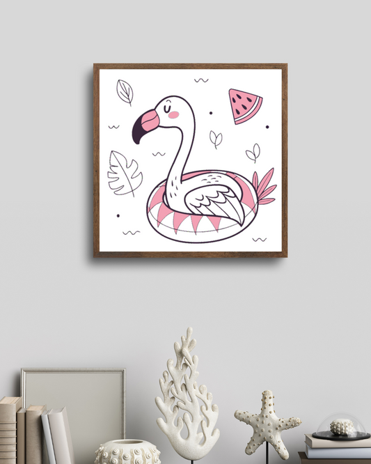 Cadre avec flamant rose joyeux sur bouée pastel pour un décor estival stylé