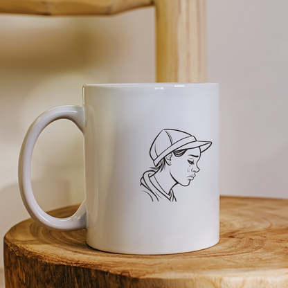 Mug avec motif stylisé d'une jeune fille en casquette expressive