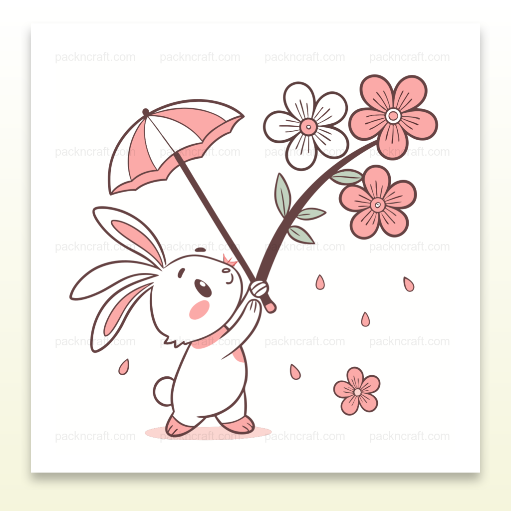 Lapin joyeux sous parapluie fleuri en style pastel, usage décoratif.