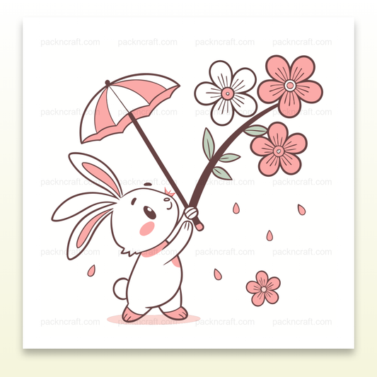 Lapin joyeux sous parapluie fleuri en style pastel, usage décoratif.