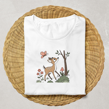 T-shirt avec faon curieux et papillon style pastel pour amoureux de la nature